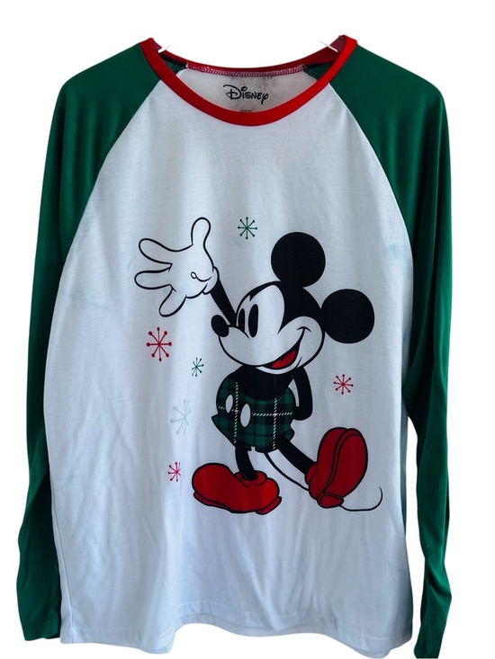 Disney Tops - Disney Mickey Mouse Green, White & Red Raglan Holiday Sleepwear Shirt